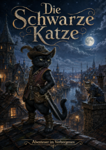 eine schwarze Katze vor einer dunklen Stadt, stehend, gut gekleidet, mit Hut und Schwert